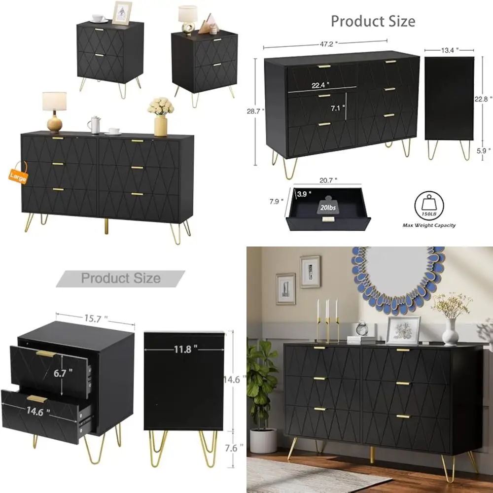 Set da letto nero in 3 pezzi con comodini e ampio comò