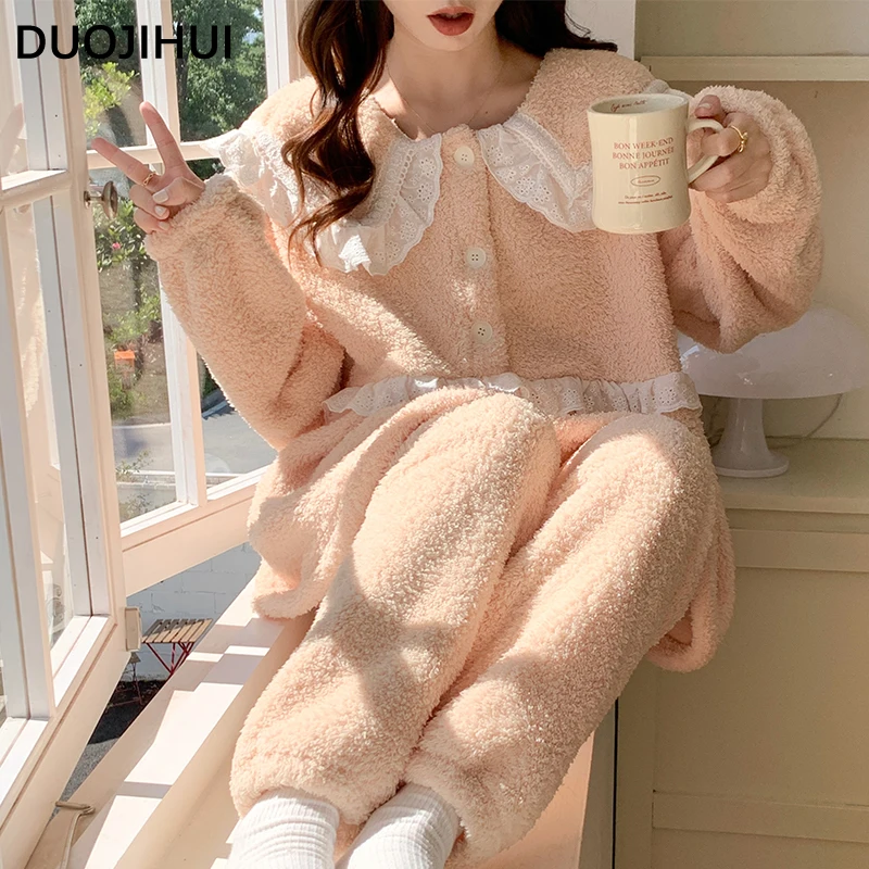 DUOJIHUI Korean Style Loose Sweet Chicly Lace Female Pajamas Set Winter Thick Warm Soft Simple Casual Fashion Pajamas for Women