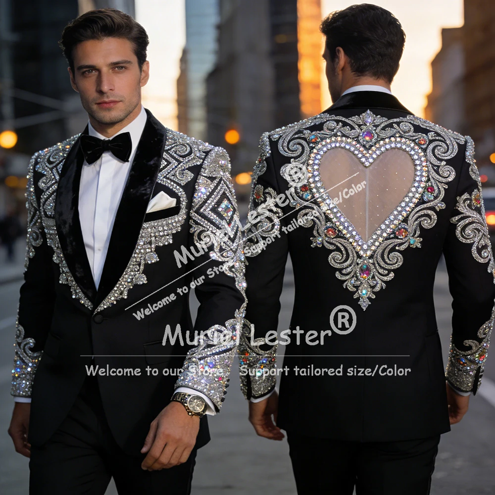 

Unique Design Suit Men Diamond Beaded Velvet Goom Blazers Customized Man Business Party Tuxedos 2 Piece Sets Terno Masculinos