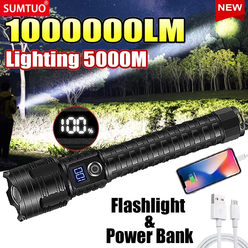 

1000000LM Most Powerful Led Flashlight Rechargeable 900W LED Flashlights High Power Zoom Torch Long Range 5000m Tactical Lantren