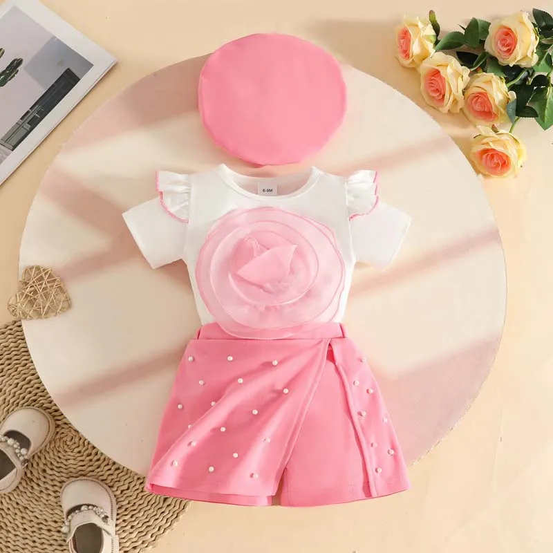 Fashion 1–3 Years Baby Girl Clothing 3Piece Outfits Summer Short Sleeve Flower Mesh Blouse+Skirt-pants+Beret Toddler Girl Set