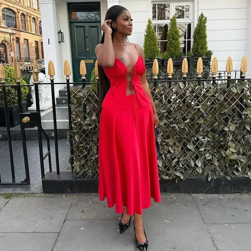 

Женская мода, лето 2025, новая мода, сексуальный топ с завязками на бретельках, юбка с высокой талией, комплект летнего платья, халат, Vestido, женская вечеринка