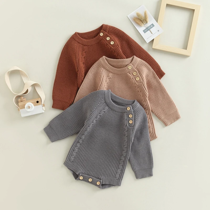 

Winter Infant Baby Knitting Sweater Jumpsuit Solid Color Ribbed Long Sleeve Crew Neck Button Closure Warm Romper Bodysuits