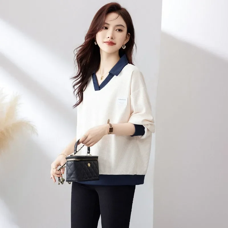 Spring Autumn Simplicity Office Lady Contrasting Colors Long Sleeve T-Shirt Women Fashion Patchwork All-match Temperament XQ73