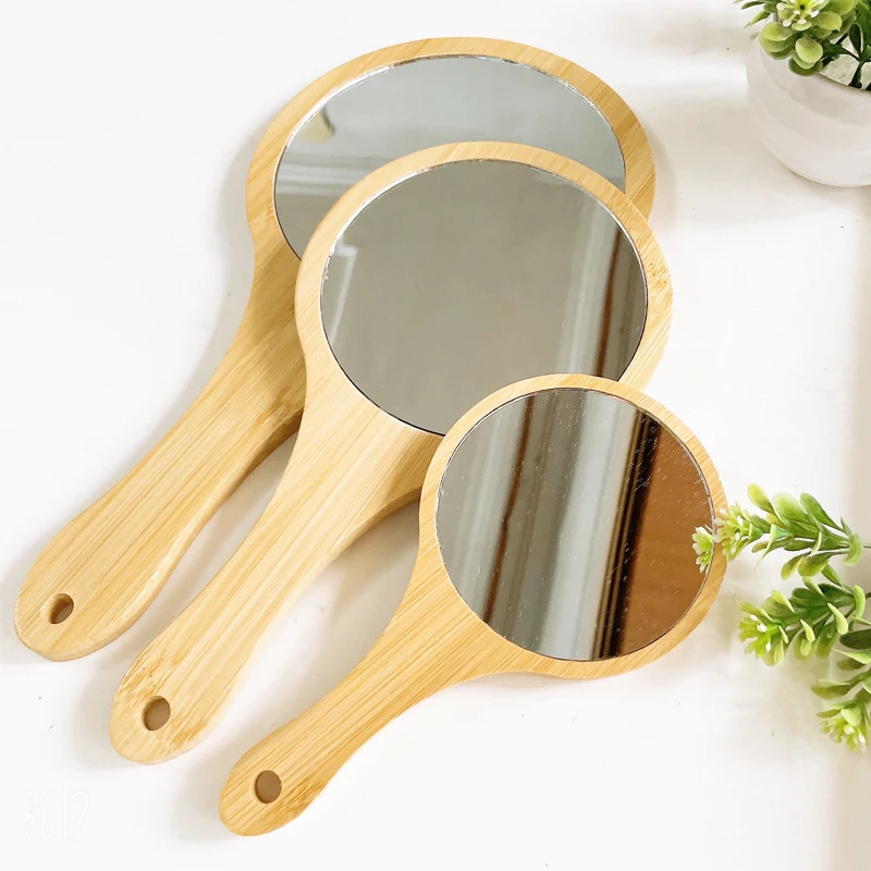 New Small Portable Bamboo Makeup Mirror Handmade Handle Round Cosmetic Mirror with Single Handle Personal Vanity Handheld Mirror