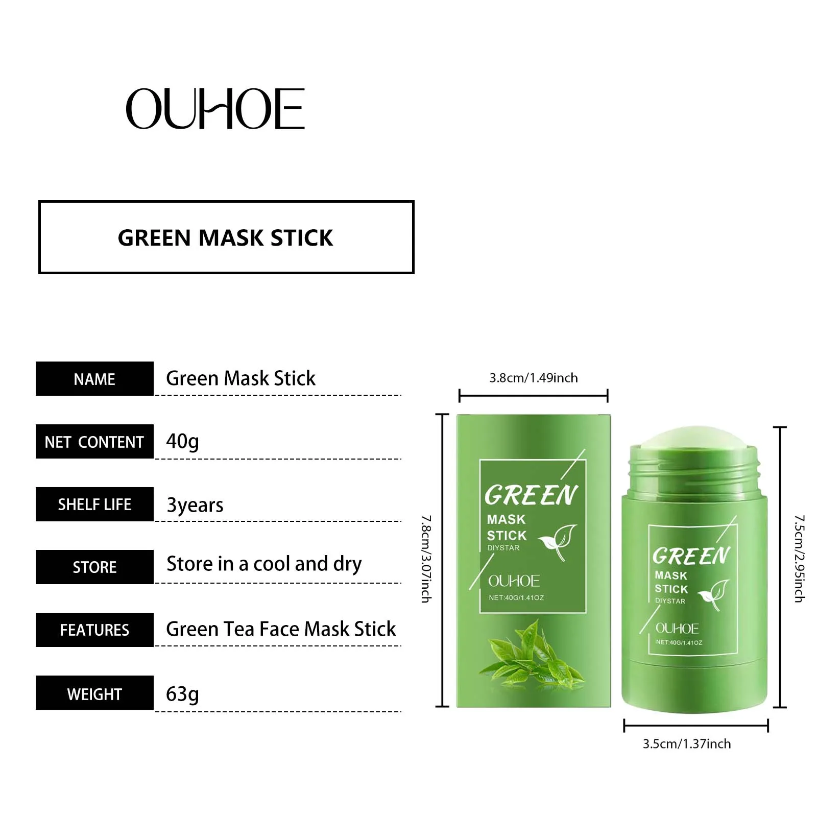 2PCS Green Tea Cleansing Mask Stick,10 Minute Instant Skin Renewal,100% Plant‑Derived&Kaolin+Bentonite for Deep Absorption&Tea Extract:Oil‑Control,Antioxidant & Balancing,Mica for Brightening & Soft Skin,Portable Twist Up Stick Design
