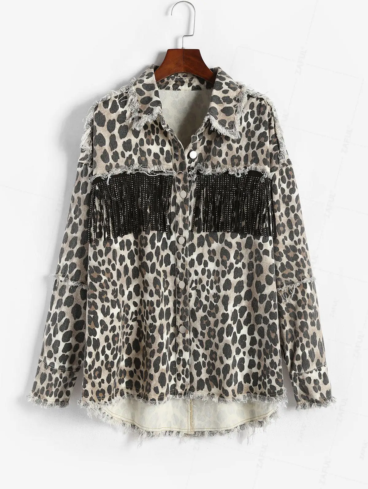 ZAFUL Chaqueta vaquera de lavado con un solo pecho y estampado de leopardo deshilachado con borlas de diamantes de imitación vintage para mujer