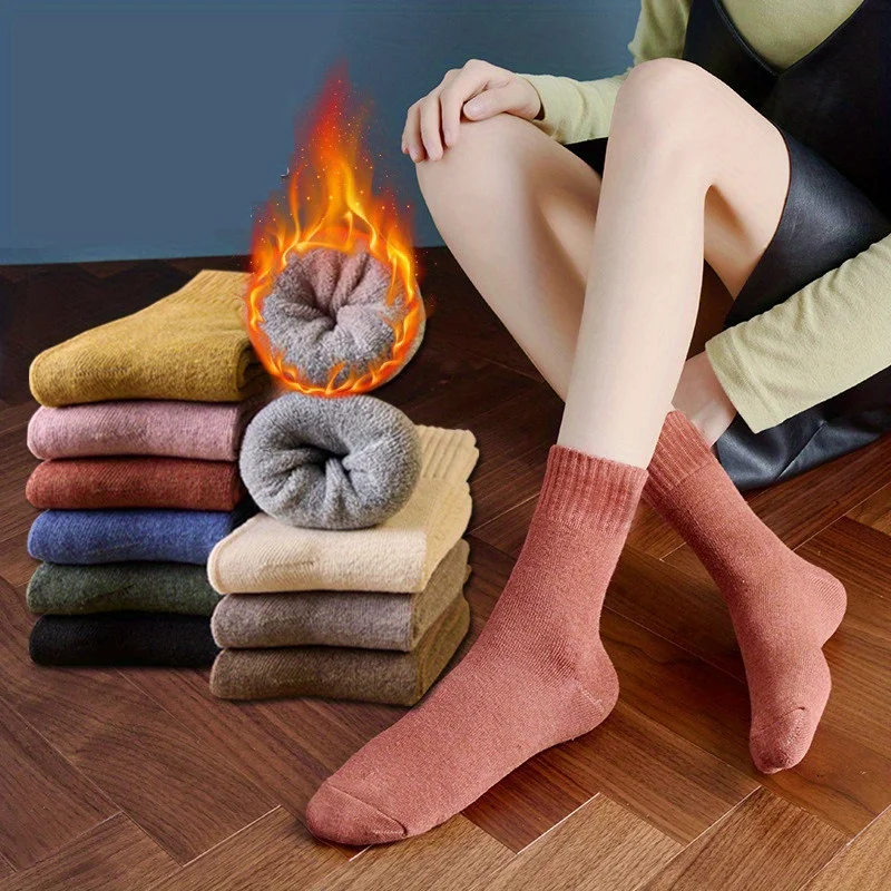 5 أزواج من الجوارب الصوفية السميكة المريحة للنساء-الخريف والشتاء، جوارب أنبوبية كلاسيكية بلون سادة-دافئة، ناعمة للطقس البارد