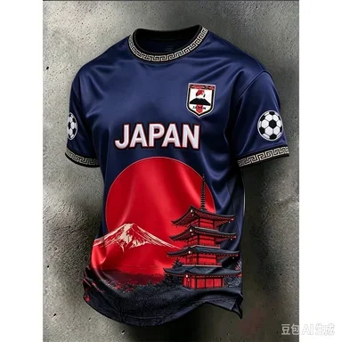 2026 Soccer Jersey 3D Japan Pagoda Mount Fuji Print Unisex Red Sun Temple Graphic Short Sleeve Football Fan Game Day Casual Tee