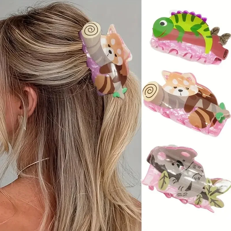 Koala Chameleon Raccoon Acetic Acid Hair Claw Clips Trendy Animal Style Portable Suitable for All Hair Types,Cute Unique Cartoon