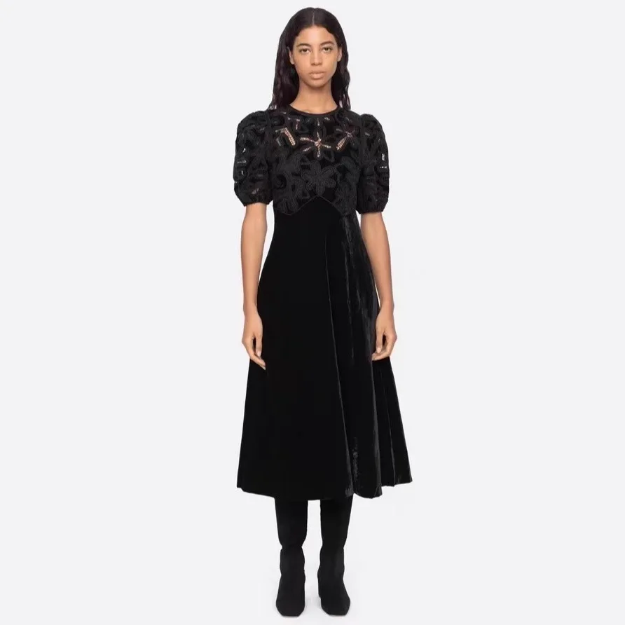 

Retro Velvet Mid-Length Dr Embroidered Bubble Sve Waist-Cinching A-Line Skirt Polyester Fabric round Ne ort Sve