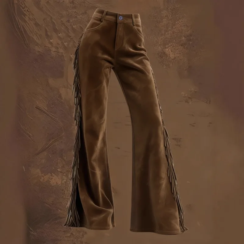 Trouser Bestsellers Women's Retro Western Fringed Deerskin Fleece Flared Pants Casual Trousers Fashionable Retro Women Clothing