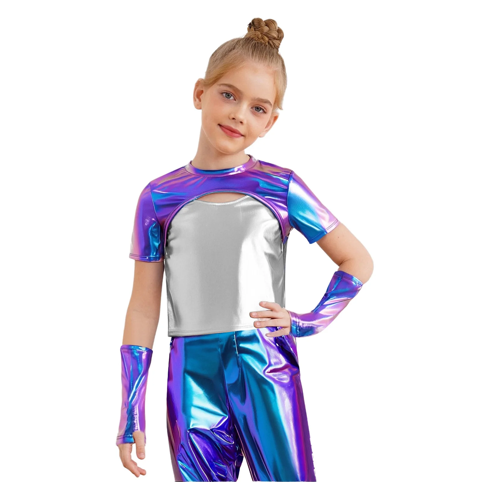 الفتيات لامع لامع الجاز الهيب هوب ملابس رقص انقطاع تي شيرت قفازات علوية السراويل البضائع الشارع الشهير الحديثة مرحلة الأداء الزي #3