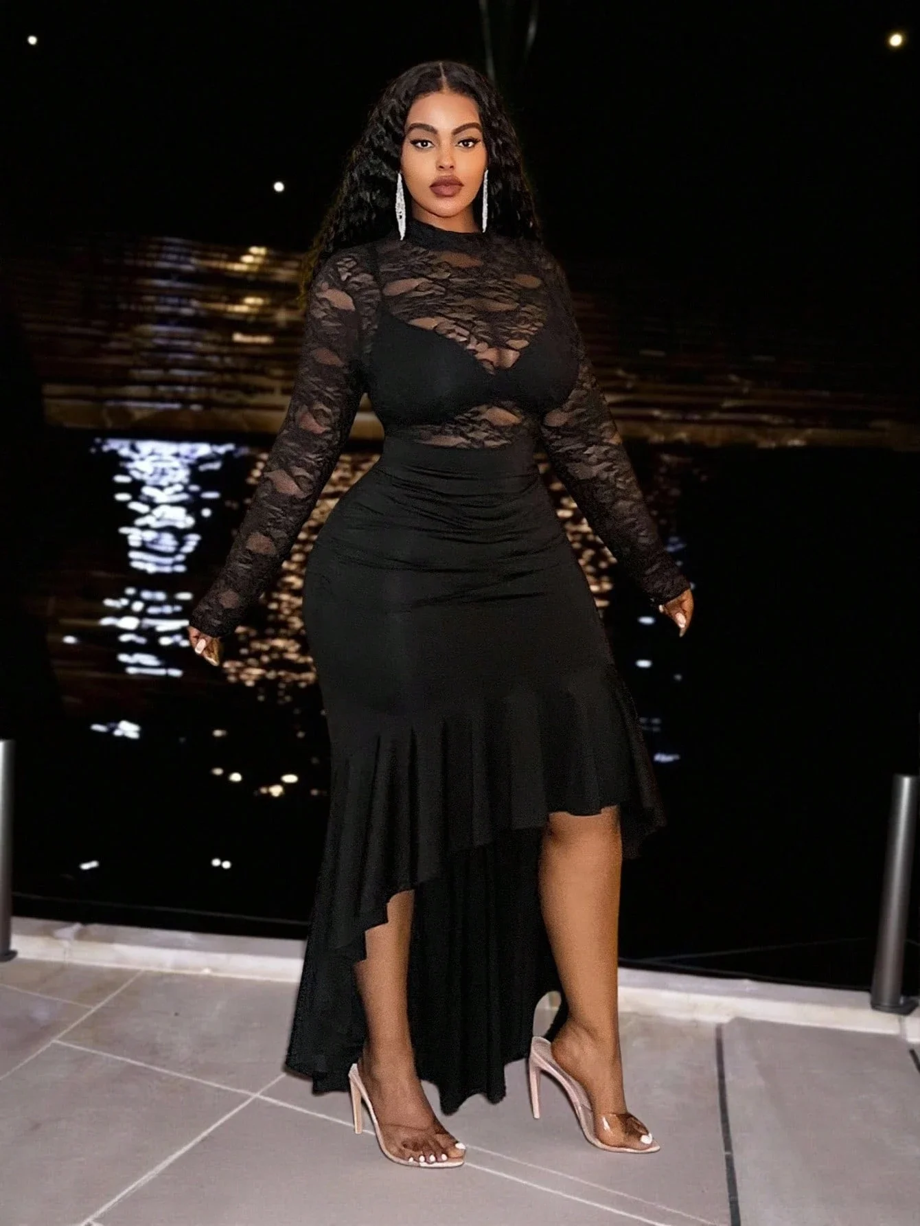 

Black Sheer Long Sleeve Mermaid Hem Lace Bodycon Dress For Party Club Prom