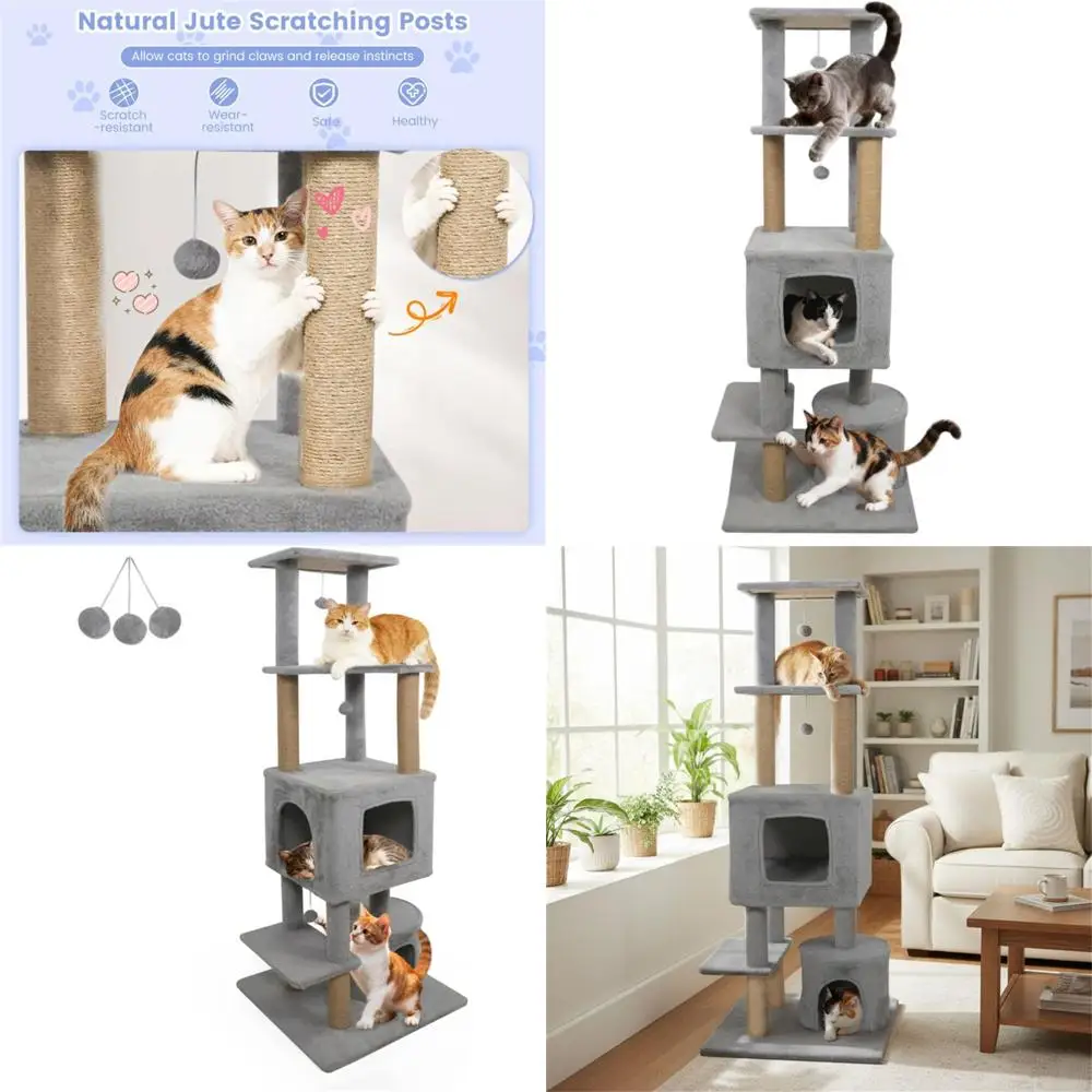 

64-Inch Grey Feline Activity Center with Plush Platforms and Scratching Poles