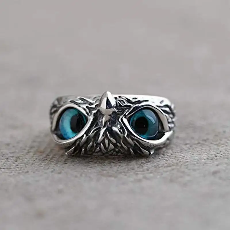 Retro animal opening adjustable blue eyed owl ring for couples image 4