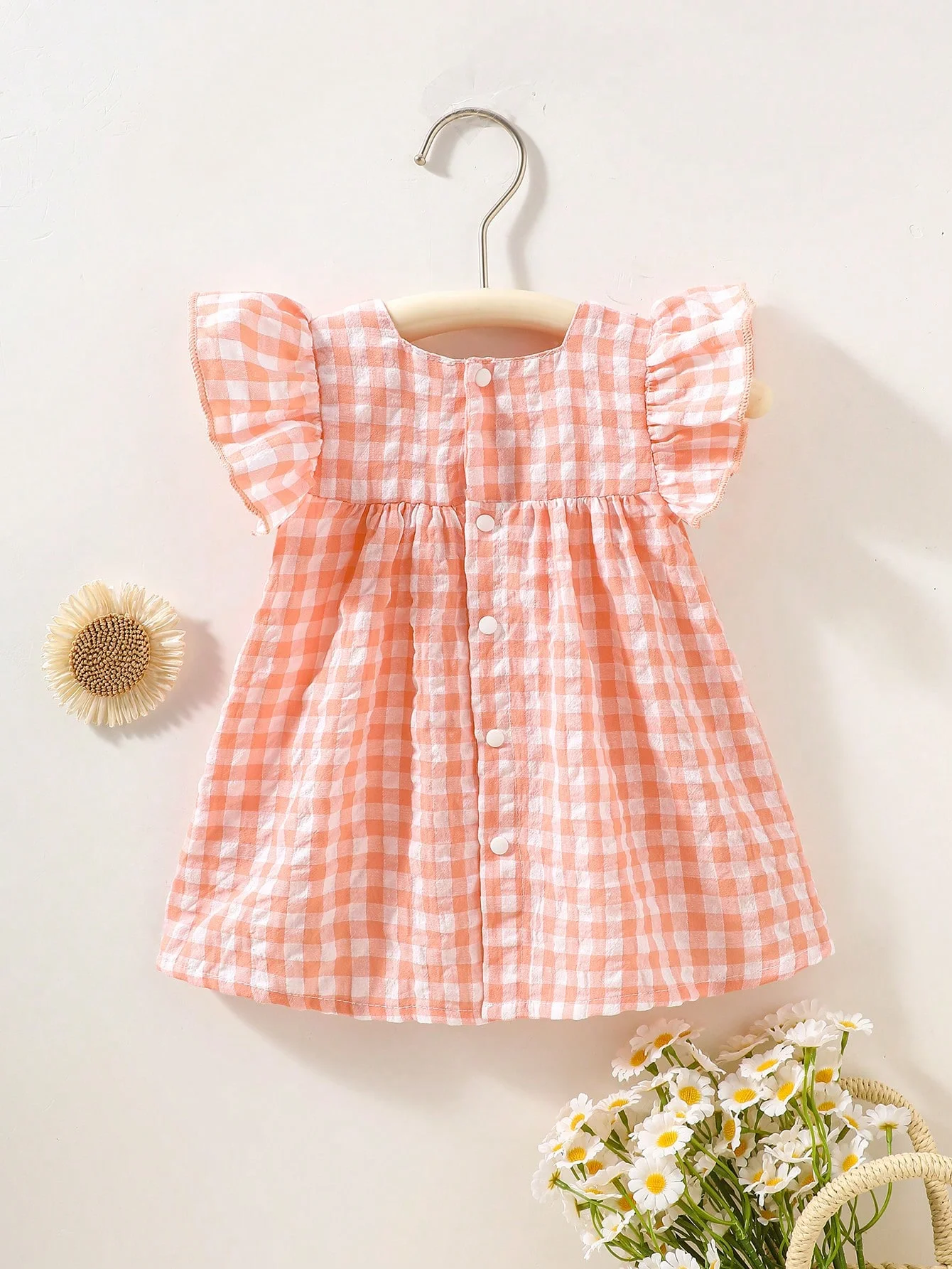 Summer newborn baby girl dress light pink checkered ruffled sleeveless daisy embroidered ginger yellow dress with headband