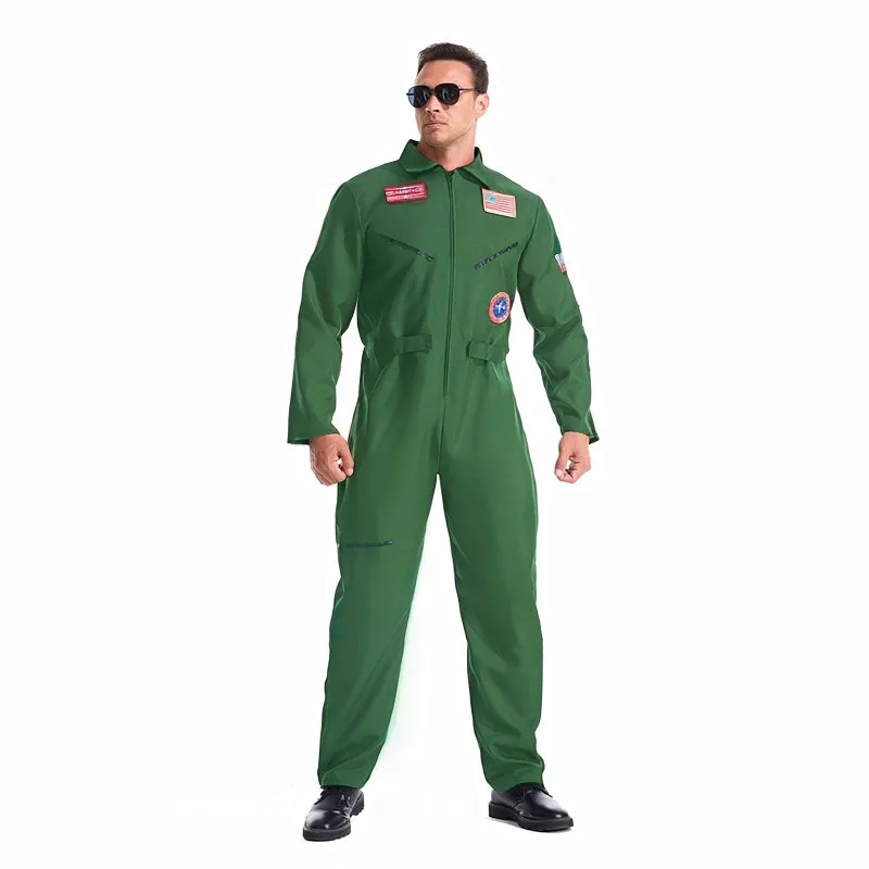 

Male Fighter Pilot Jumpsuit Air Force-Style Costume Green Flight Suit Halloween Costume Carnival Party Adult Costume