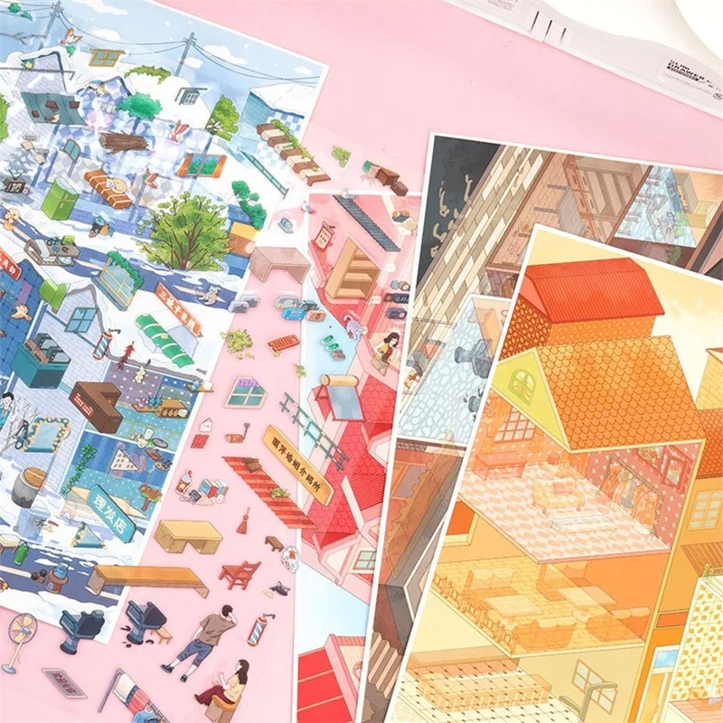 Kawaii 3D Miniature Scene Cartoon Town Landscape Stickers DIY Handmade Stacking Scrapbook Fun Album Decoration Sticker