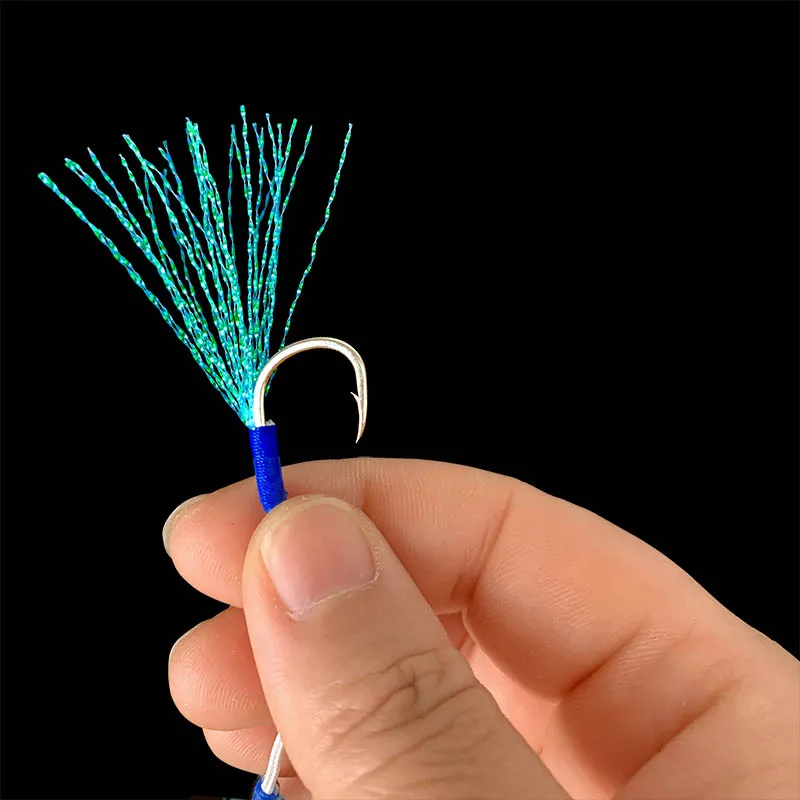 Anzuelos de cuerda de pluma de pesca, accesorio de acero alto en carbono, anzuelo doble asistido, para Jigging lento, tamaño 10 a 20, 5 unids/lote