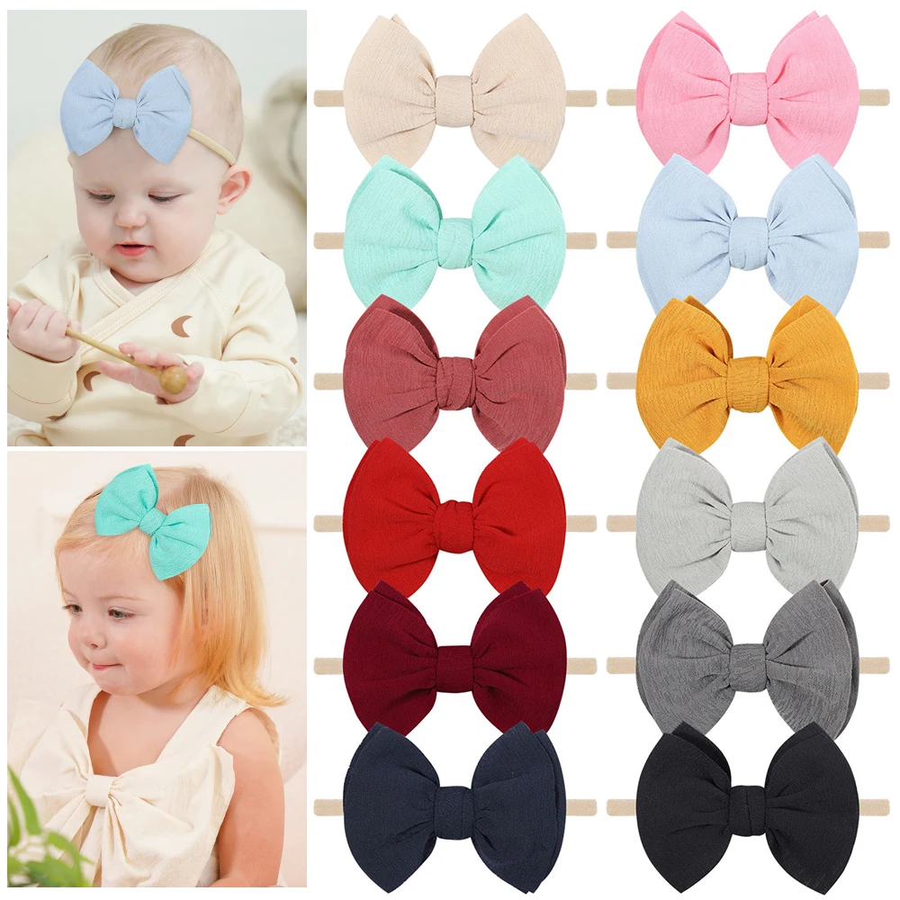 

Сплошной цвет повязка на голову с бантом для маленьких девочек, тюрбан для новорожденных, эластичные ленты для волос, нейлоновый головной убор, милые детские аксессуары для волос, оптовая продажа