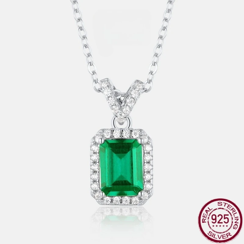 

New S925 pure silver luxury retro small octagonal cultivated emerald necklace fashionable and simple wedding jewelry