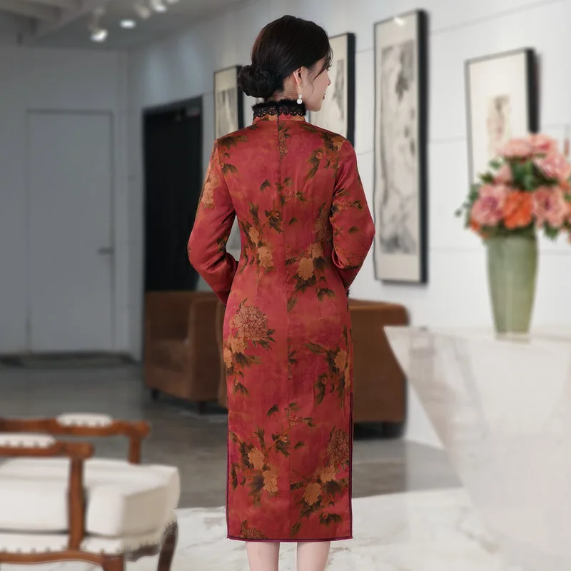 Autumn and Winter New Red Cloud Yarn Printed Quilted Improved Fur Warm Retro Cheongsam Qipao Women's Dress