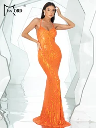 Missord Lace Up Orange Sequin Bodycon Maxi Mermaid Cocktail Evening Dress