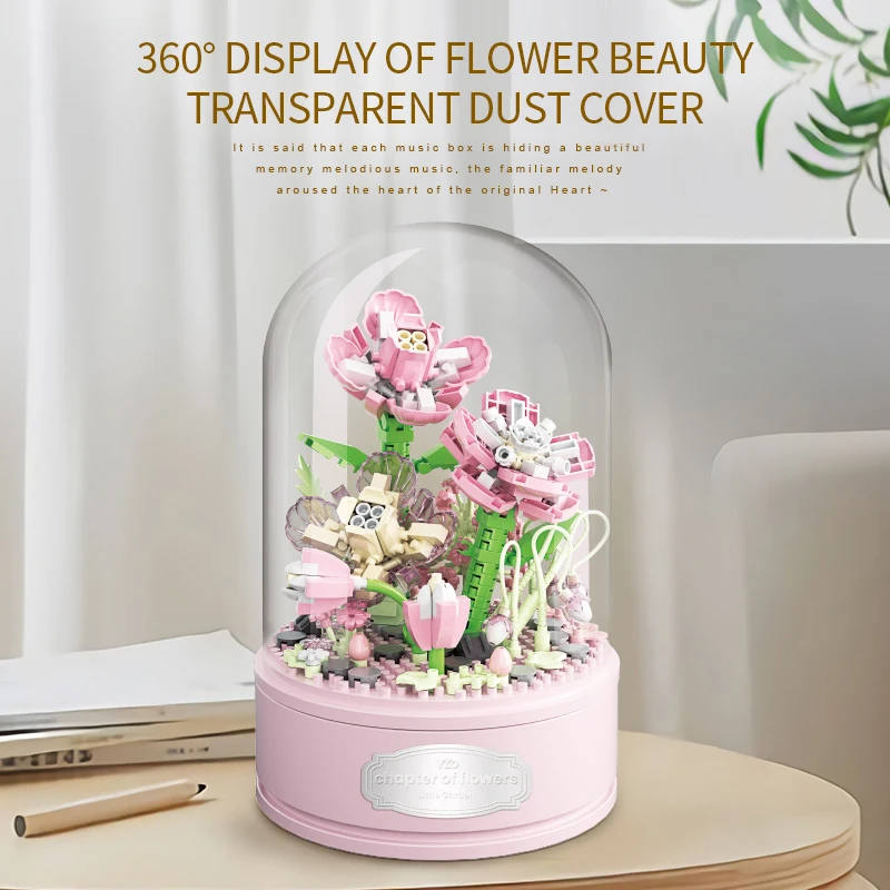 Children’s Gardenia Flower Music Box Building Blocks Creative Bouquet Display Model Home Decoration Puzzle Toy Kids Holiday Gift