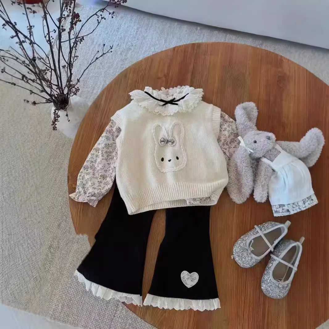 

2024 autumn new handmade crochet rabbit vest broken flower Mori style shirt love micro pull trousers set