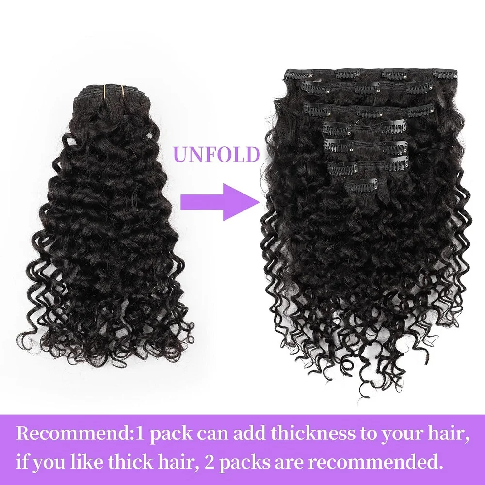 100% Real Human Hair Premium Deep Wave Human Hair Clip In Extensions Seamless Weft Jet Black Hair Extensions for Women