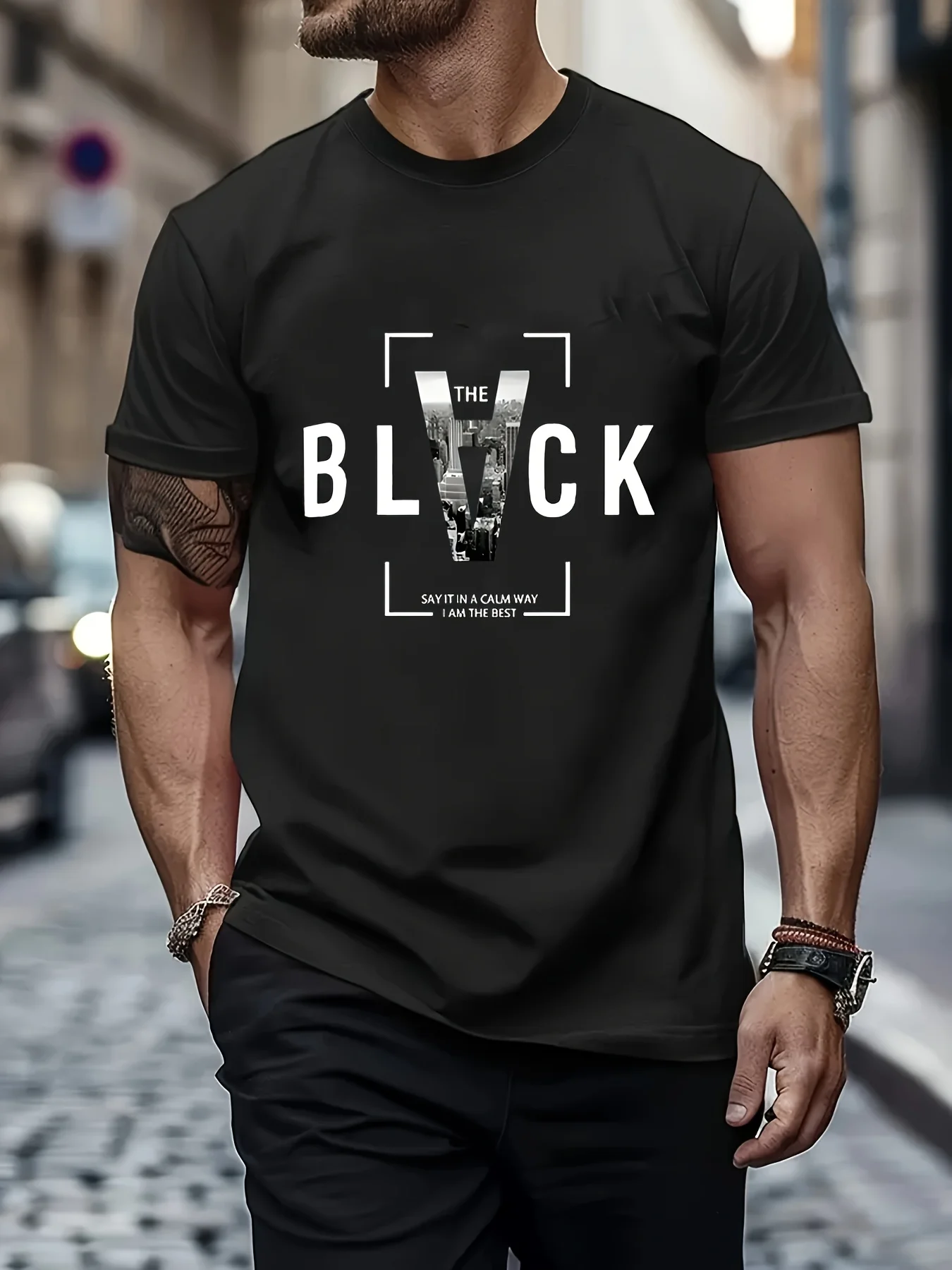 Creative Letter BLACK Print Men's Crew Neck Short Sleeve Tees, Summer Trendy T-Shirt, Casual Versatile Comfy Breathable Top For