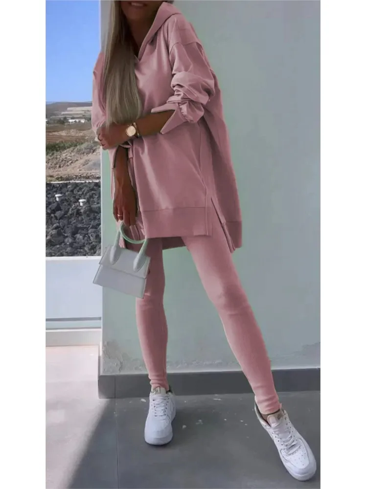 Autumn Winter Fashion Solid Color Split Two Piece Sets Women Hooded Long Sleeved Sweatshirt Tight Pants Casual Two Piece Set image 5