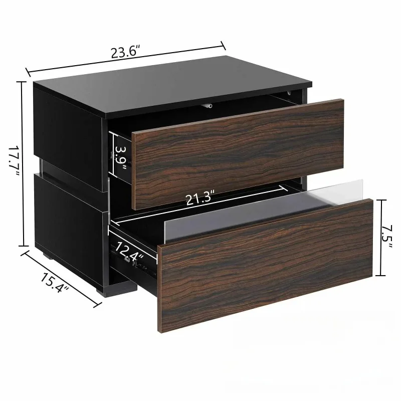 LED Nightstand Brown Modern Nightstand With 2 Drawers Wooden Bedside Table Night Stand With 16 Colors LED Lights For Be