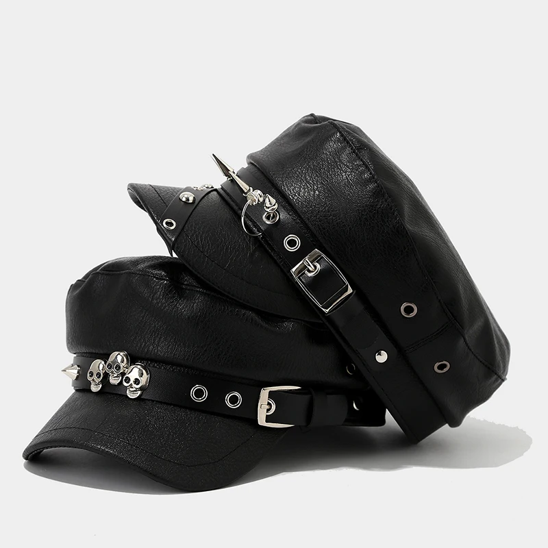 

Fashion Women's Punk Black Harajuku Hot Girls Berets Gothic Subculture Handmade Rivet Leather Cool Sunscreen Hat Newspaper Hats
