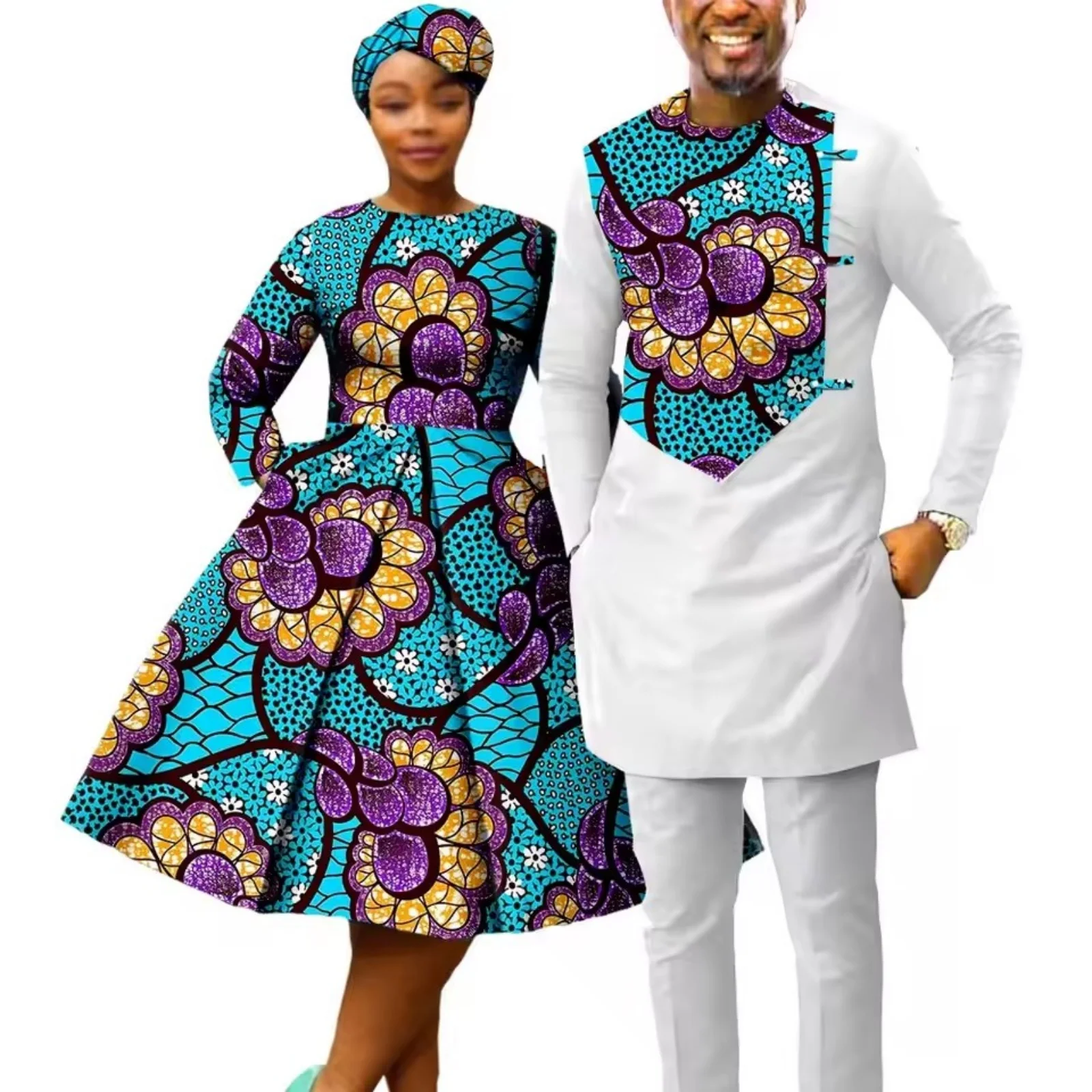 African Print Patchwork Dresses for Women with Headwrap And Men's Matching Outfit Sets Couple Clothing with Shirt And Pants
