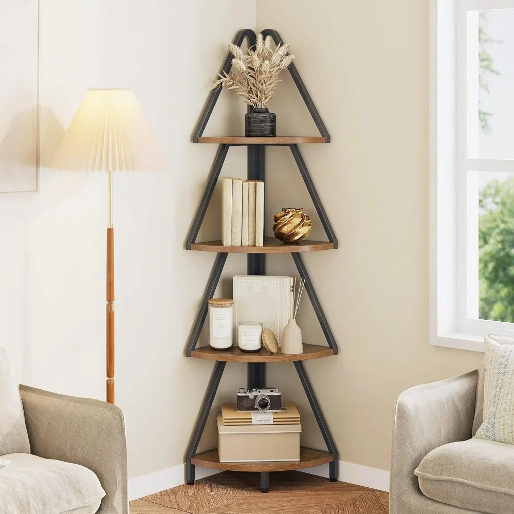 

4 Tier Corner Shelf Industrial Tree Design Narrow Tall Storage Rack for Living Room Bedroom Office Brown