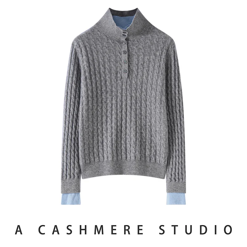 Women's 100% cashmere sweater casual color matching pullover button high neck Tops knit blow autumn/winter warm leave two Jumper