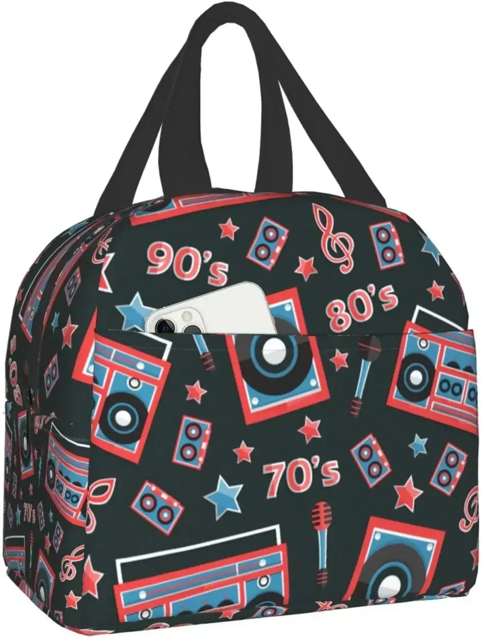 Retro 80s Style Portable Lunch Bag Insulated Cooler Tote Bag Reusable Lunch Box for Travel Picnic Work Hiking School Office
