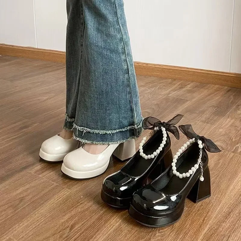 

New Ladies High Heels Elegant Bow Square Toe Black High Heels Fashion Thick Heel Wedding Party Pearl Lace Wedding Shoe