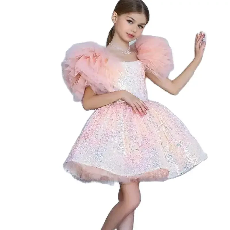 Glitter Rosa Blume Mädchen Kleid Rüschen Kurzen Ärmeln Scoop Neck Nette Baby Mädchen Tutu Party Kleid Kurz Graduation Kinder Prom kleid