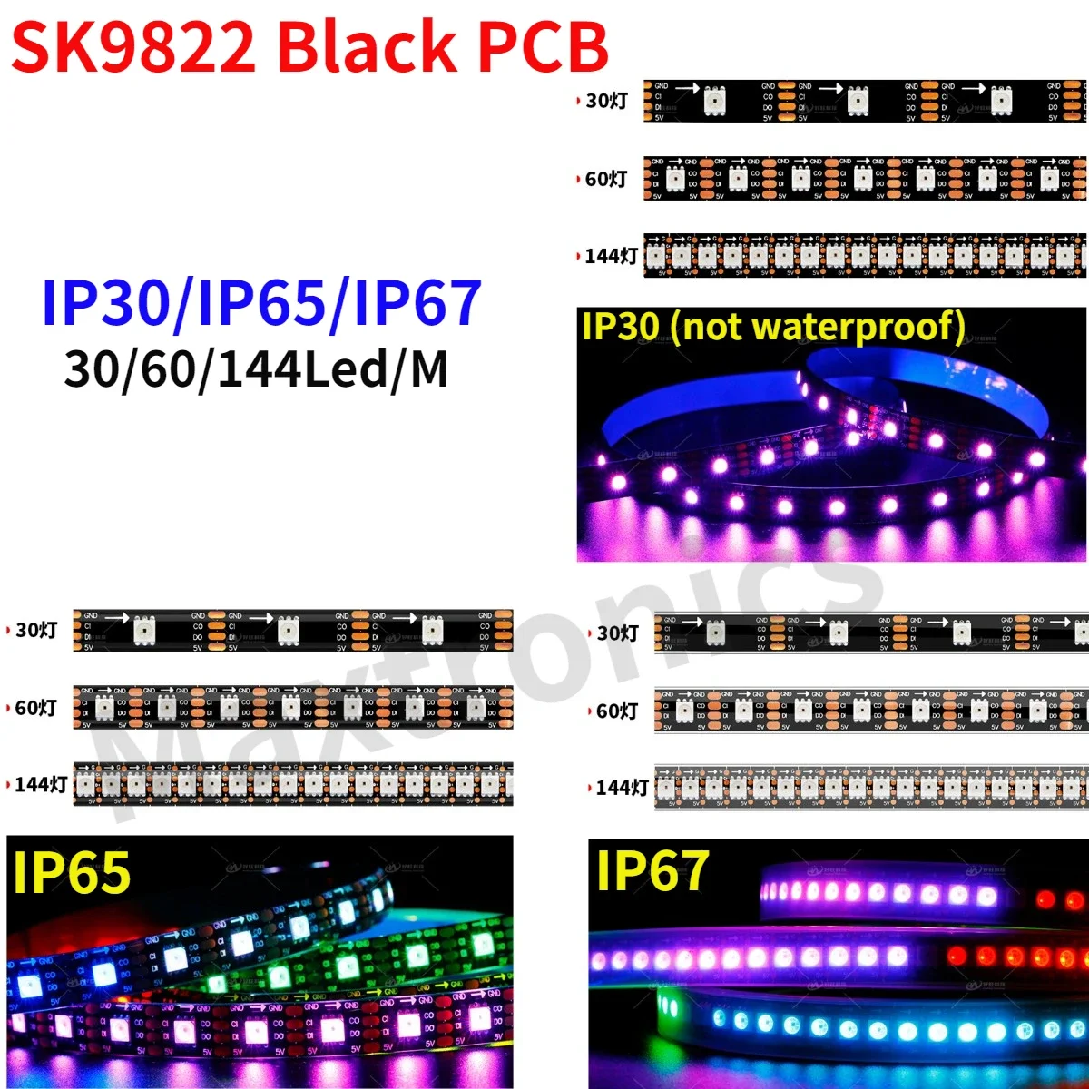DC5V SK9822 Led Strip Light Individually Addressable Similar APA102 30/60/144LED/M RGB Dual Signal Transmission Separately1M/5M