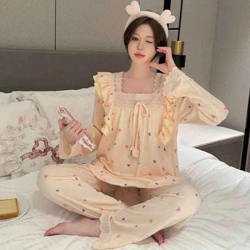 Plus Size Ladies Home Wear Korean Squre Neck Imitation Cotton Wrinkled Cloth Pajamas Cartoon Long-sleeved Long Pants Loose Set