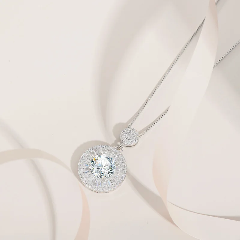 S925 الفضة الاسترليني 2 قيراط مويسانيتي الماس قلادة قلادة مستديرة متعددة الاستخدامات الراقية ارتداء اليومي هدية لصديقتك #2