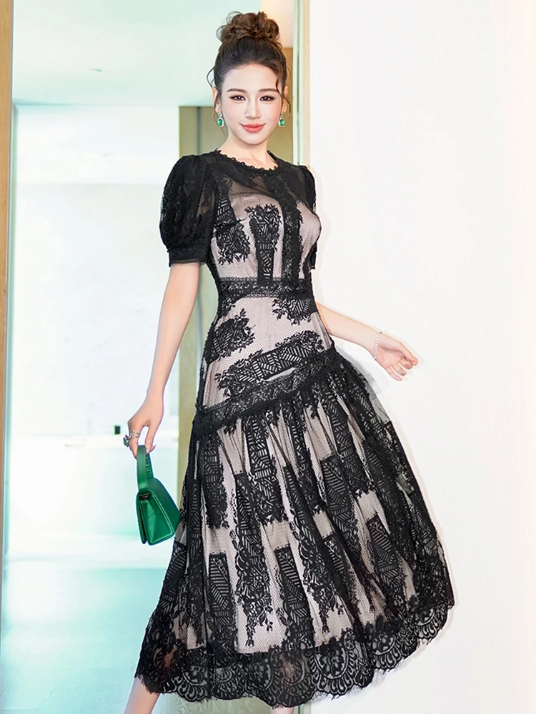 Robe de bal mi-longue romantique pour femmes, Chic, dentelle transparente, maille superposée, Robe trapèze, Style élégant, robes de soirée formelles