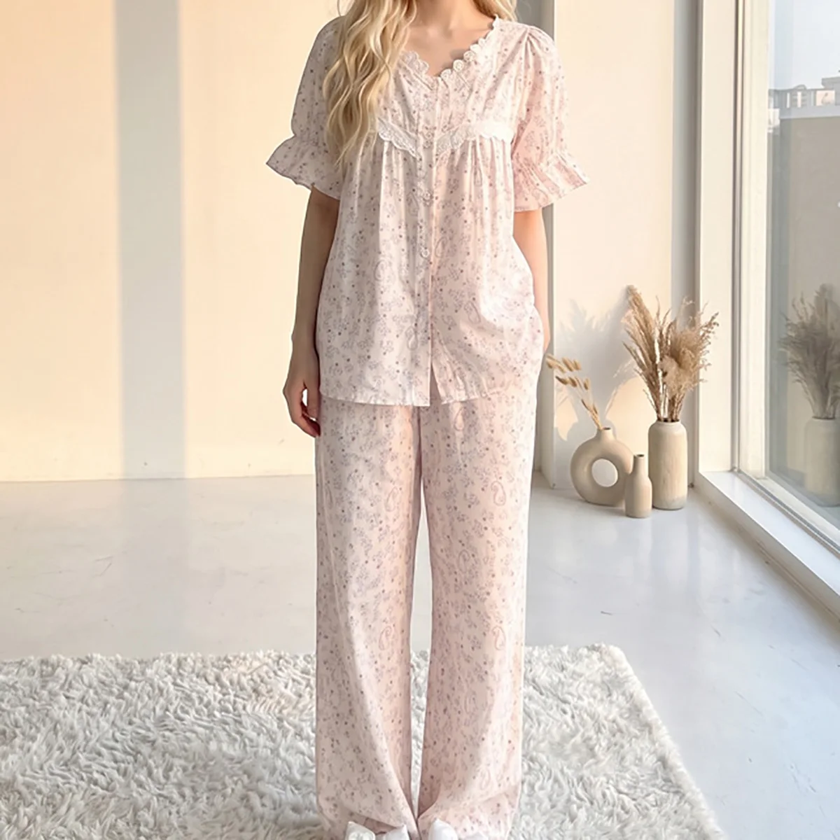collar-pure-cotton-sleepwear-for-women-summer-new-korean-short-sleeve-pants-set-sweet-cartoon-cotton-home-wear