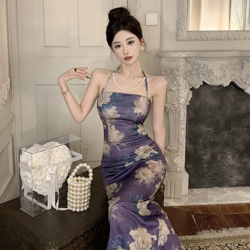 Vintage Floral Printed Halter Sheath Elegant Evening Women Summer Long Dress