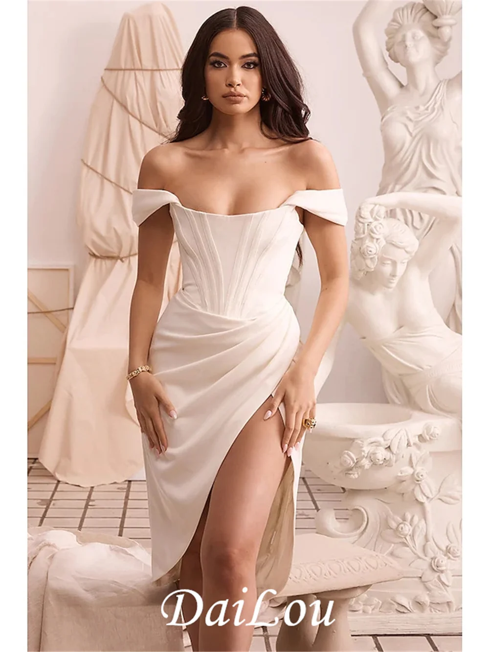 

Corsets Sexy bodycon Party Wear Cocktail Party Birthday Dress Off Shoulder Short Sleeve Asymmetrical Stretch Satin with Slit