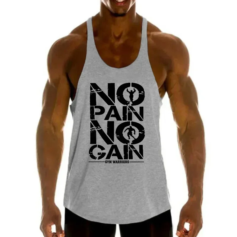 Men's Cotton NO PAIN NO GAIN Gym Tank Tops Low Neck Curved Hem Running Vests Workout Bodybuilding Sports Sleeveless Shirts