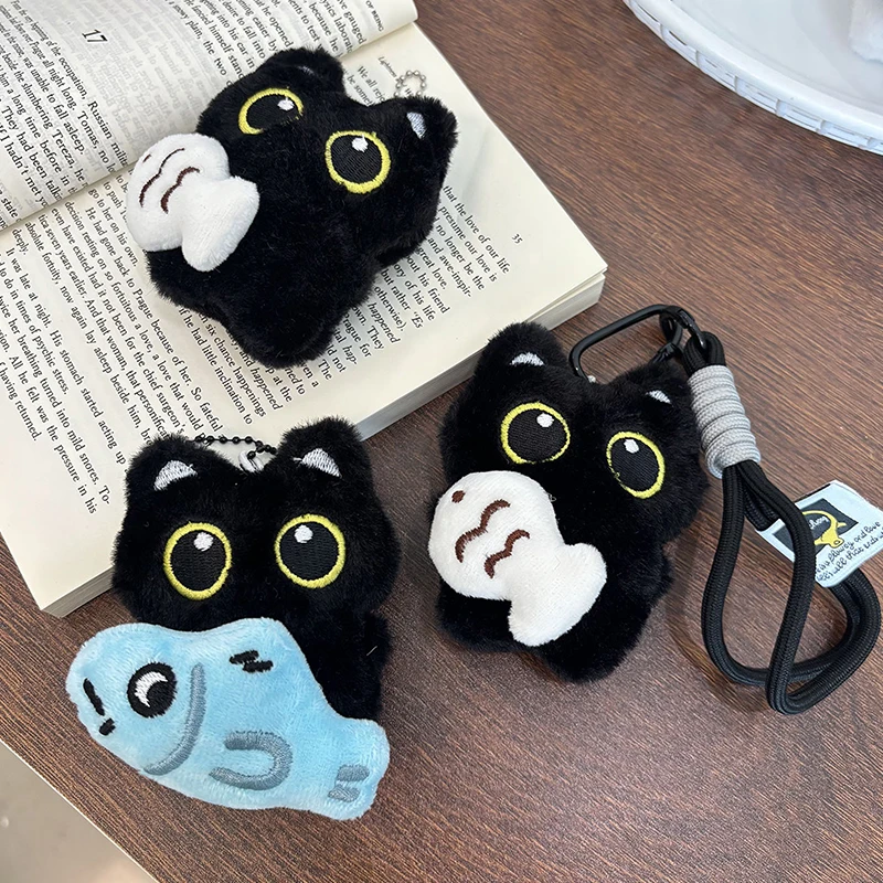 Kawaii Cool Plush Black Cat Doll Keychain Bag Pendant Charms Car Keyring Accessory for Women And Couples Soft Toy Gift